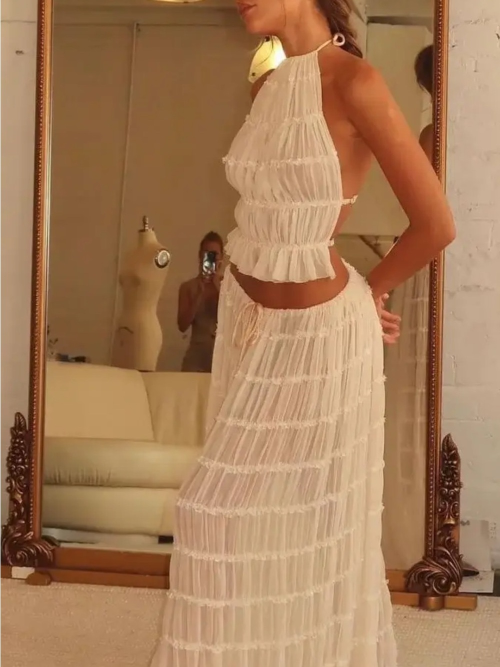 Sheer Ruffled Halter Top and Maxi Skirt Set in Ivory